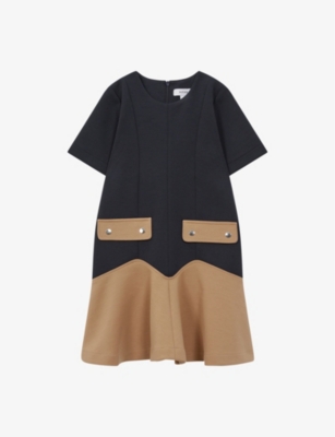 Shop Reiss Girls Navy Kids Fion Contrast-panel Short-sleeve Cotton Mini Dress 3-14 Years