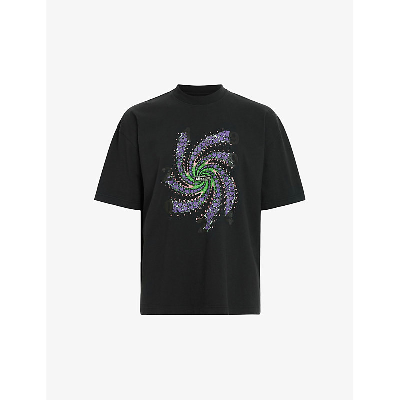 Allsaints Mens Washed Black Fraktyl Graphic Logo-print Organic-cotton T-shirt