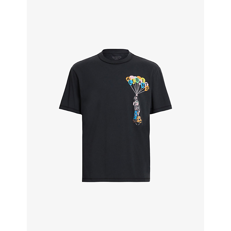 Allsaints Mens Washed Black Lofty Balloon Graphic-logo Print Organic-cotton T-shirt