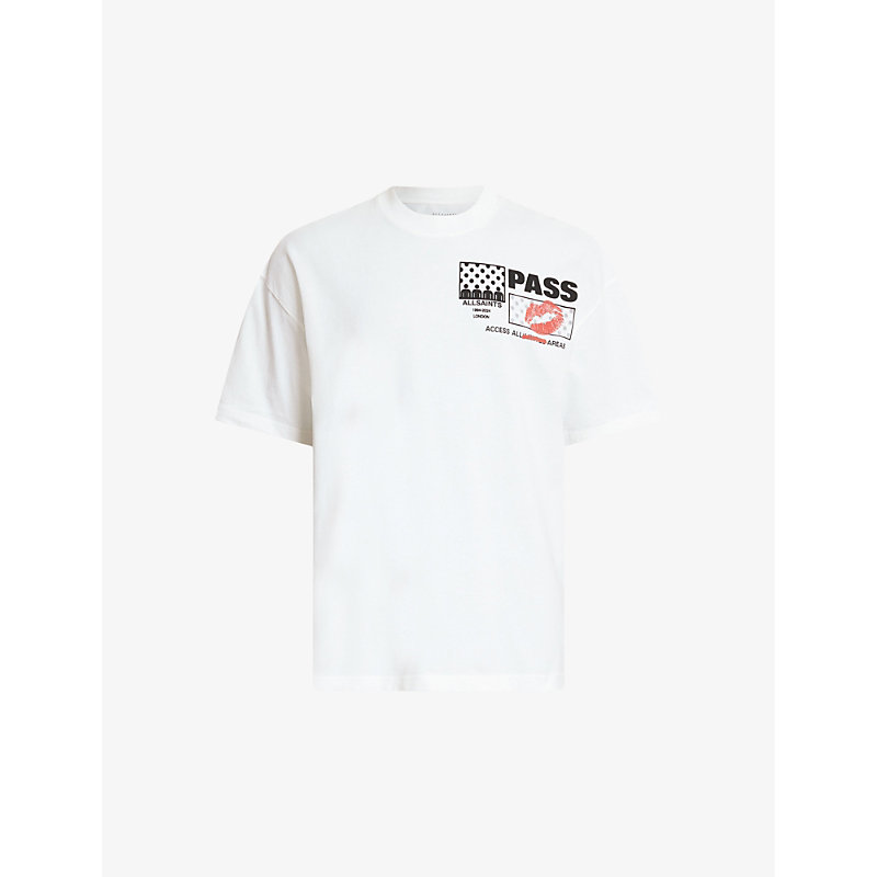 Allsaints Mens Optic White Pass Backstage-pass Organic-cotton T-shirt