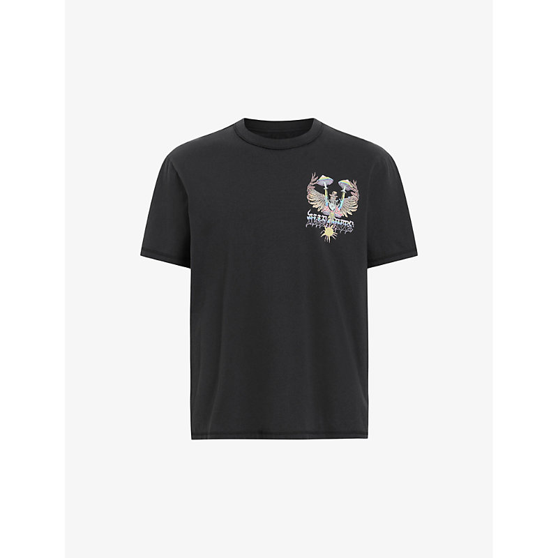 Shop Allsaints Men's Washed Black Strummer Graphic Logo-print Organic-cotton T-shirt