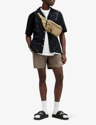 Shop Allsaints Men's Ash Khaki Gree Underground Logo-print Recycled-polyamide Swim Shorts