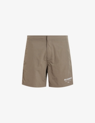 Shop Allsaints Men's Ash Khaki Gree Underground Logo-print Recycled-polyamide Swim Shorts