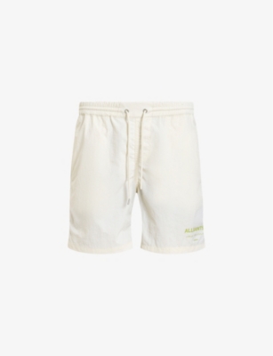 Shop Allsaints Men's Chlk Wht/green Underground Logo-print Recycled-polyamide Swim Shorts