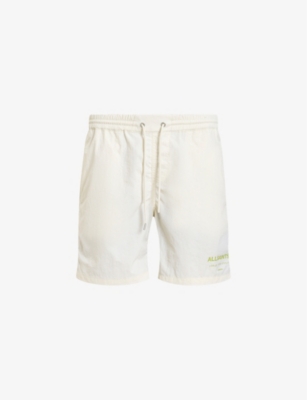 Shop Allsaints Underground Logo-print Recycled-polyamide Swim Shorts In Chlk Wht/green