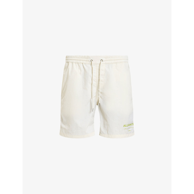 Shop Allsaints Underground Logo-print Recycled-polyamide Swim Shorts In Chlk Wht/green