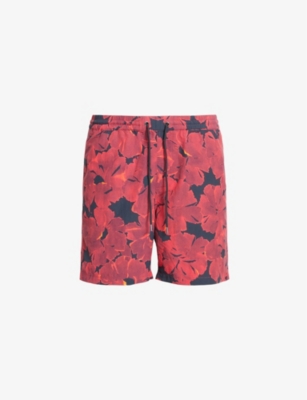 Shop Allsaints Men's Jet Blk/red Kaza Graphic-print Slim-fit Woven Swimshorts