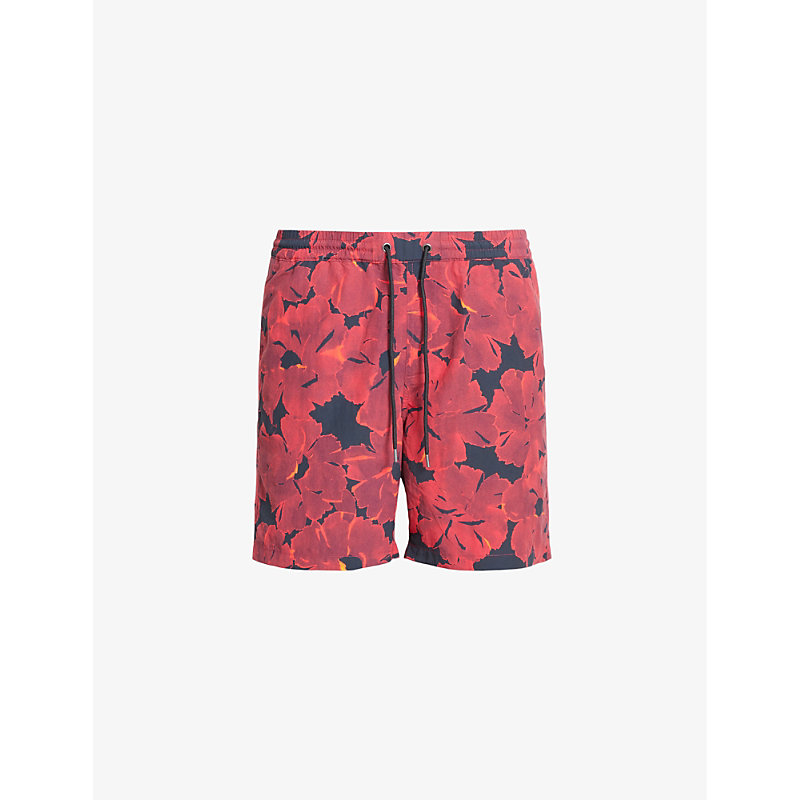 Shop Allsaints Kaza Graphic-print Slim-fit Woven Swimshorts In Jet Blk/red