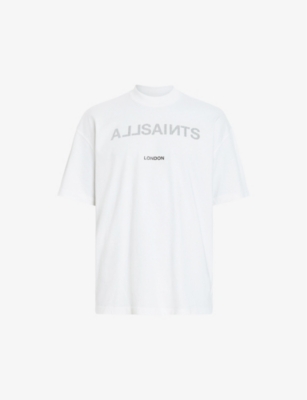 Shop Allsaints Men's Optic White Cutout Logo Text-print Oversized Organic-cotton T-shirt