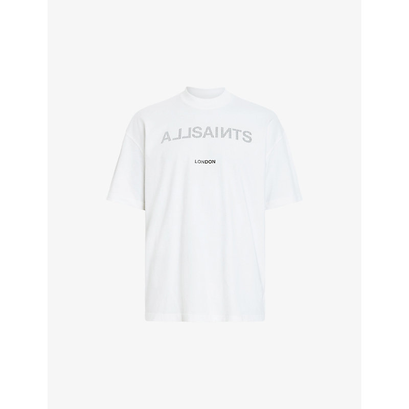 Allsaints Mens Optic White Cutout Logo Text-print Oversized Organic-cotton T-shirt