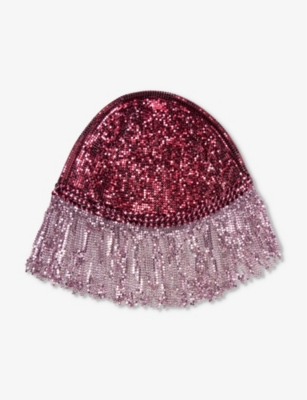 Rabanne Pixel Fringed-trim Mesh Bonnet In Peony Pink / Red Ruby