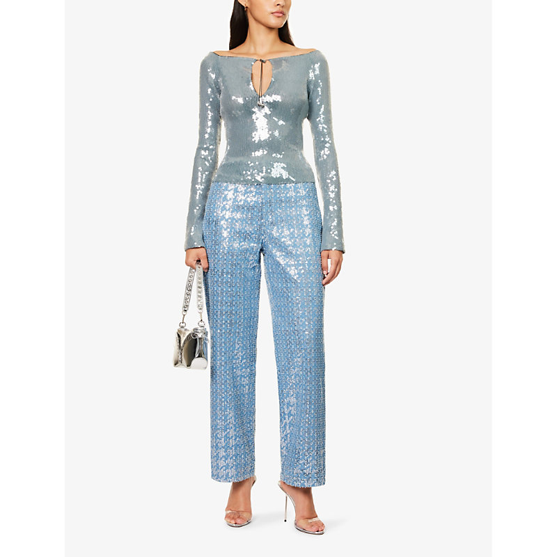 Shop Amy Lynn Womens Blue Bambi Sequin-embellished Straight-leg Mid-rise Jeans
