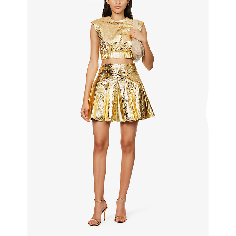 Shop Amy Lynn Leopard Metallic High-waist Woven Mini Skirt In Gold
