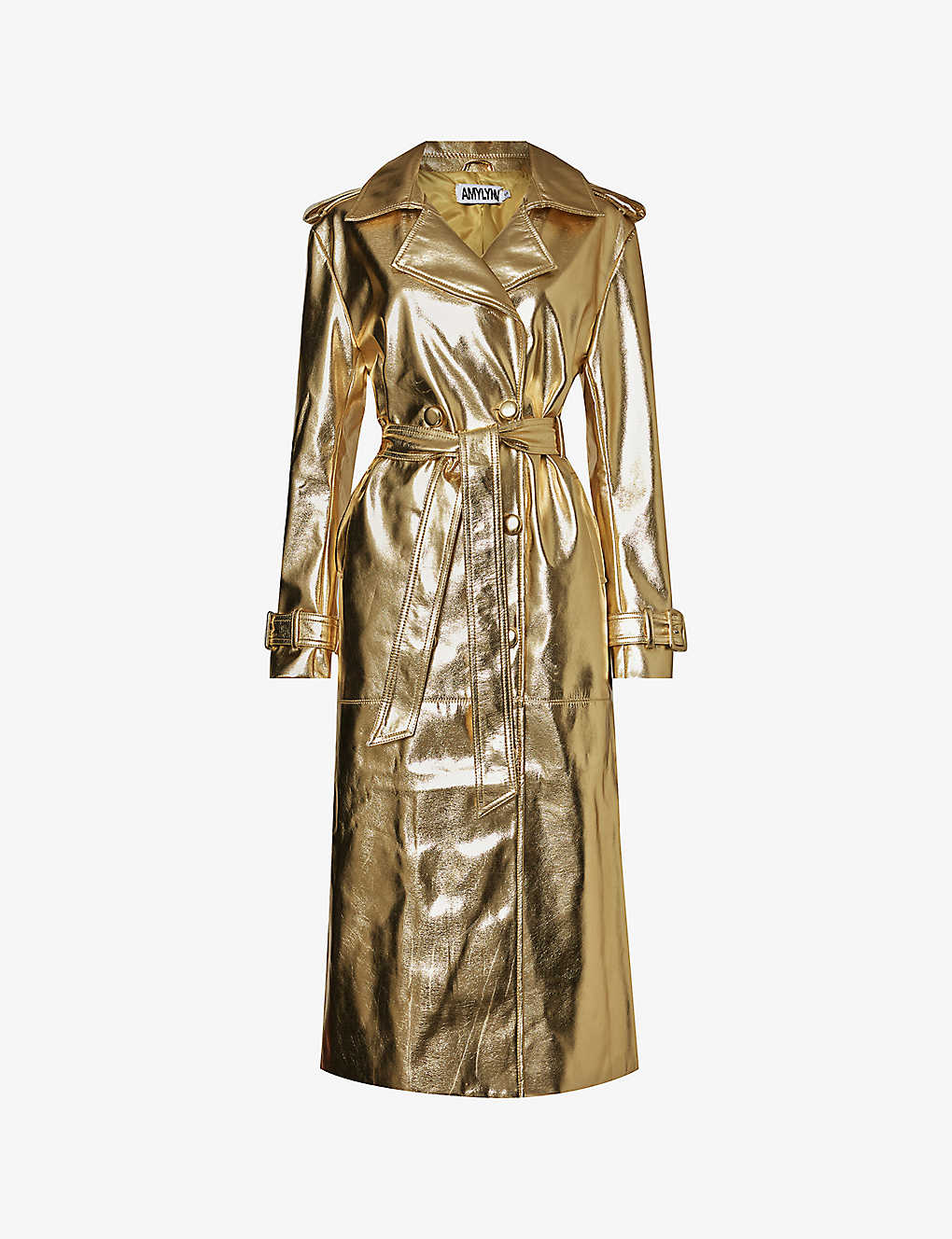 Amy Lynn Womens Gold Metallic Double-breasted Faux-leather Coat