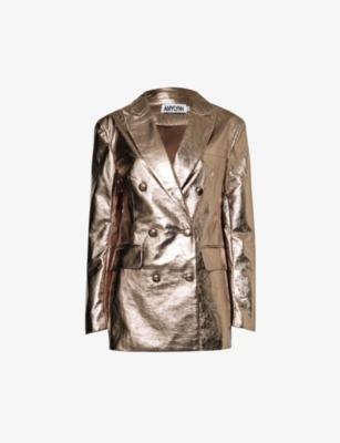 Amy Lynn Womens Gunmetal Metallic Double-breasted Faux-leather Jacket In Gold/brown
