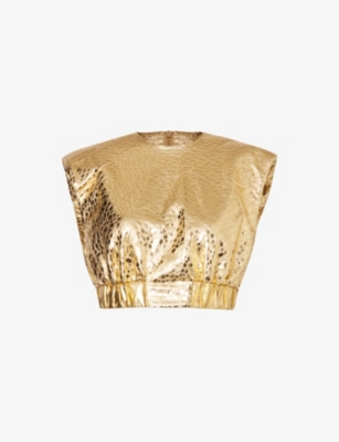 Shop Amy Lynn Womens Gold Leopard Metallic Woven Top Xl