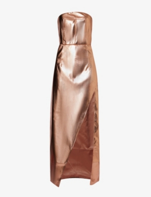 Amy Lynn Womens Rose Gold Metallic Sleeveless Faux-leather Maxi Dress In Rose Gold