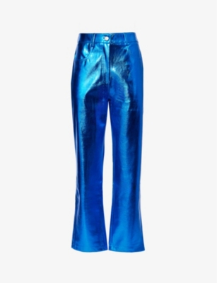 Shop Amy Lynn Women's Cobalt Metallic Straight-leg Mid-rise Faux-leather Trousers