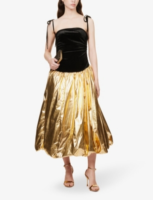 Straight-Neck Metallic Velvet Midi Dress in Black/Gold