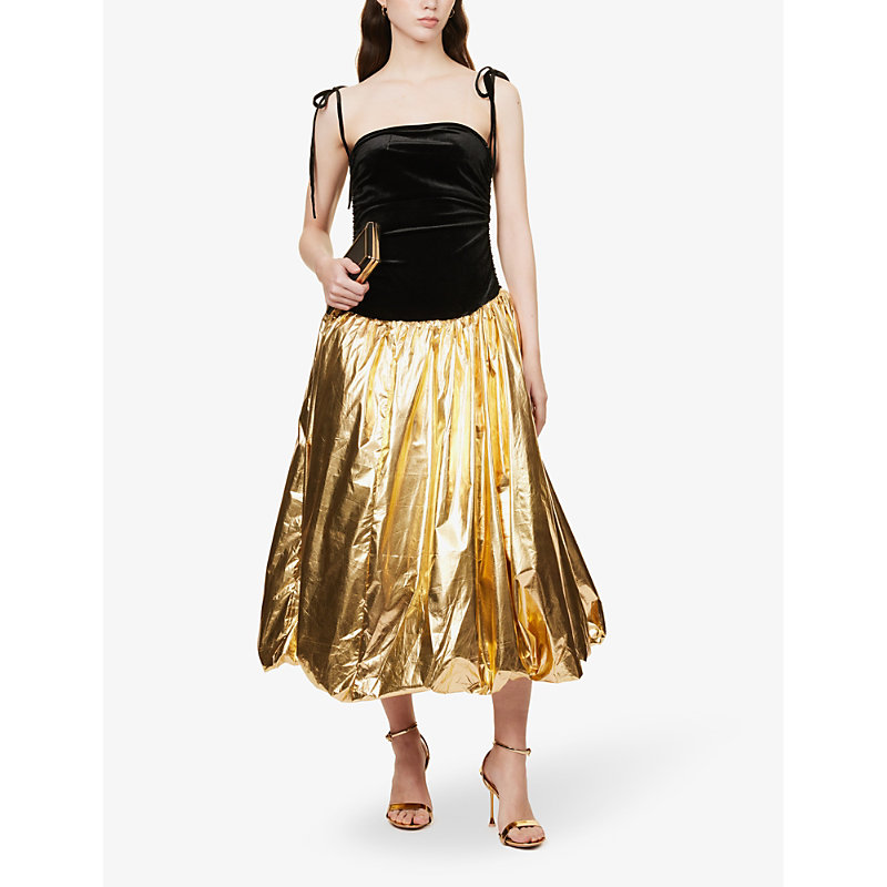 Shop Amy Lynn Straight-neck Metallic Velvet Midi Dress In Black/gold