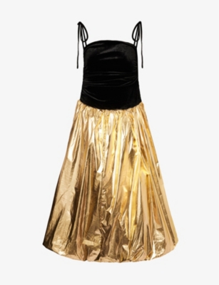 Amy Lynn Straight-neck Metallic Velvet Midi Dress In Black/gold