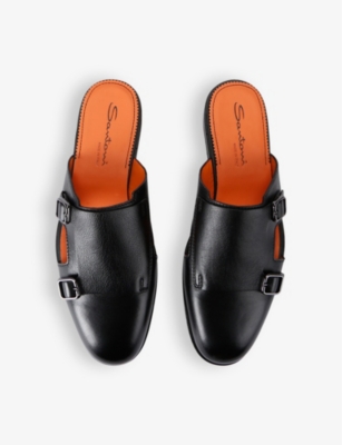 Santoni Mens Black Monk Double-buckle Leather Mules In Black