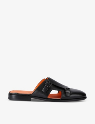 Shop Santoni Mens Black Monk Double-buckle Leather Mules