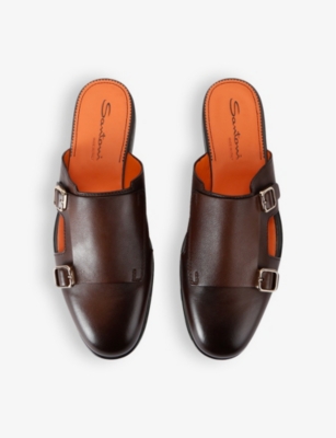 Shop Santoni Men's Dark Brown Monk Double-buckle Leather Mules