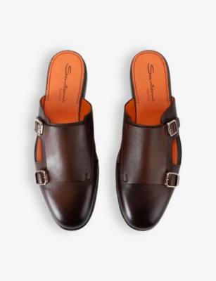 Santoni Mens Dark Brown Monk Double-buckle Leather Mules In Dark Brown