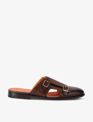 Shop Santoni Men's Dark Brown Monk Double-buckle Leather Mules