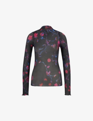 Hugo Boss Boss Womens Open Miscellaneous Floral-print Slim-fit Stretch Plisse-tulle Top