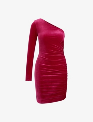 Hugo Womens Medium Pink One-shoulder Ruched Velour Mini Dress