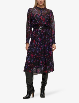 Shop Hugo Boss Boss Womens Open Miscellaneous Floral-print Pleated Silk-blend Midi Dress