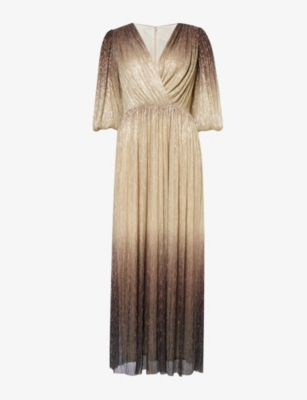 Costarellos Ellery Pleated Lurex Gown In Gradient Gold-teal