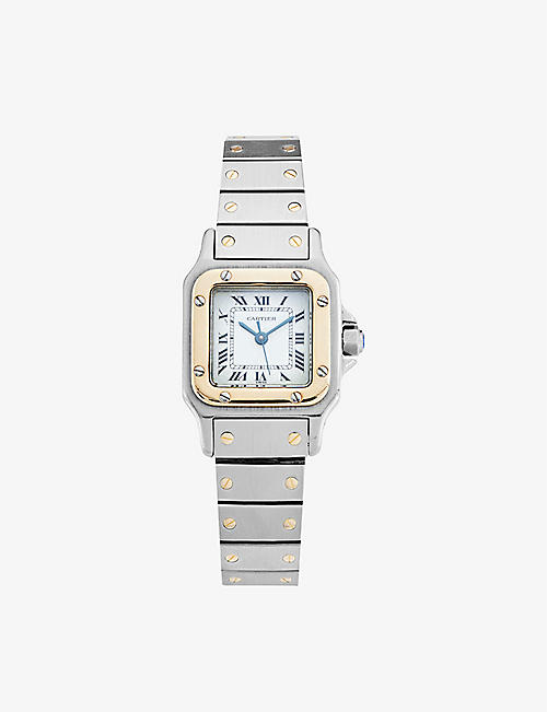RESELFRIDGES WATCHES: Pre-loved Cartier Santos Carree 18ct yellow-gold and stainless-steel automatic watch