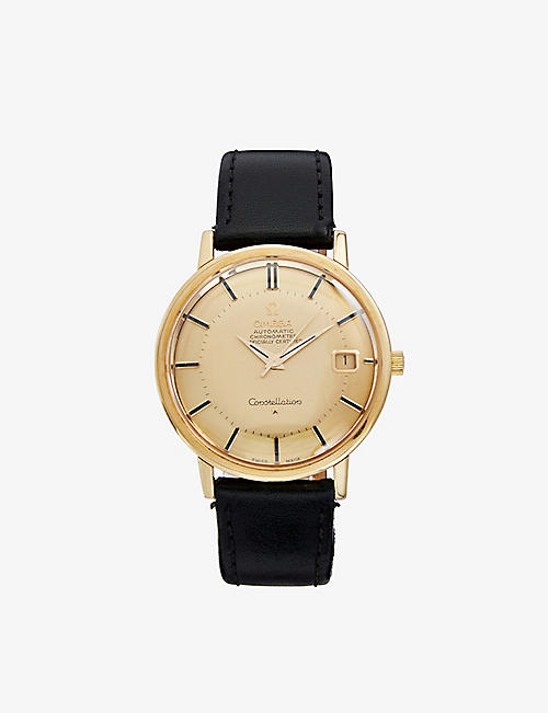 RESELFRIDGES WATCHES: Pre-loved Omega Constellation Pie Pan 18ct yellow-gold and leather automatic watch