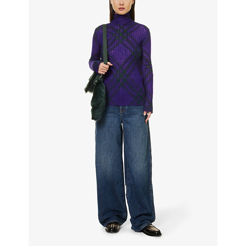 Shop Burberry Checked High-neck Mohair And Wool-blend Top In Royal Ip Check