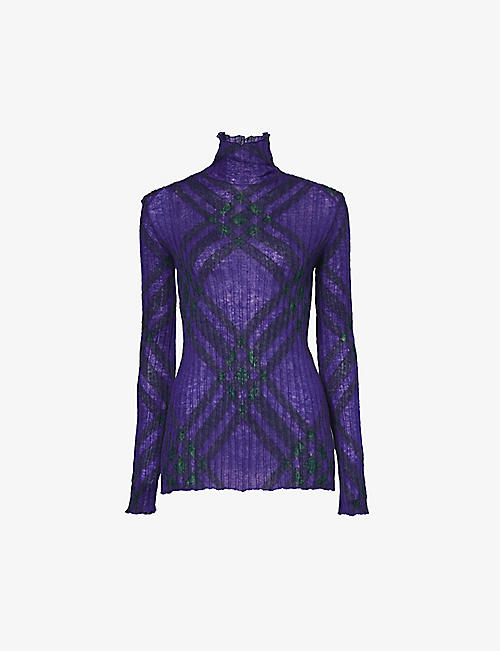 BURBERRY: Checked high-neck mohair and wool-blend top