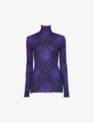 BURBERRY BURBERRY WOMEN'S ROYAL IP CHECK CHECKED HIGH-NECK MOHAIR AND WOOL-BLEND TOP