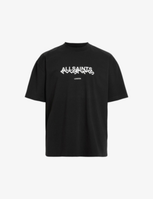 Shop Allsaints Men's Jet Black Slanted-logo Oversized Organic-cotton T-shirt