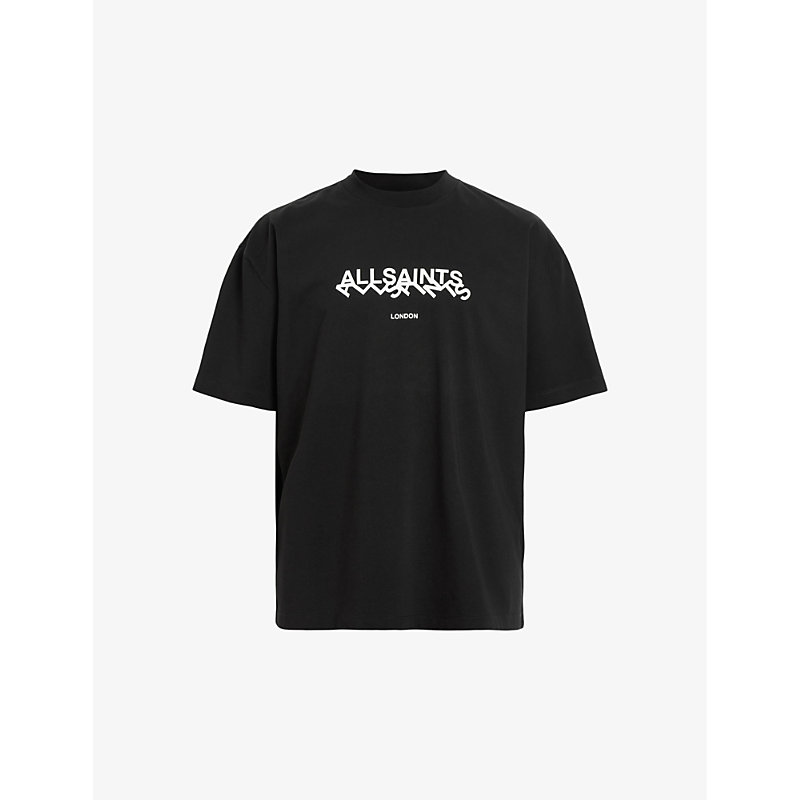 Shop Allsaints Men's Jet Black Slanted-logo Oversized Organic-cotton T-shirt