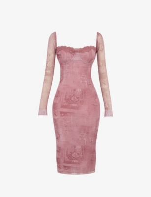 House Of Cb Womens Pink Print Seraphina Lace-trim Stretch-mesh Midi Dress