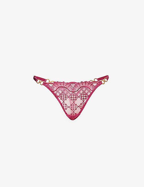 BORDELLE: Mari geometric-embroidered mid-rise lace thong