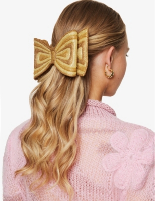 Shop Sadie Williams Double Bow Gold-tone Woven-blend Hair Clip