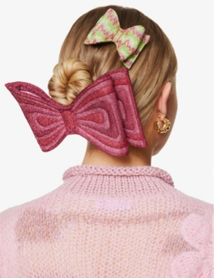 Shop Sadie Williams Double Bow Gold-tone Woven-blend Hair Clip In Pink