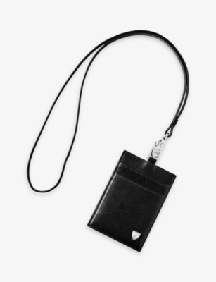 Shop Aspinal Of London Black Logo-badge Leather Lanyard Card Holder