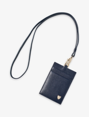 Aspinal Of London Navy Logo-badge Leather Lanyard Card Holder In Navy