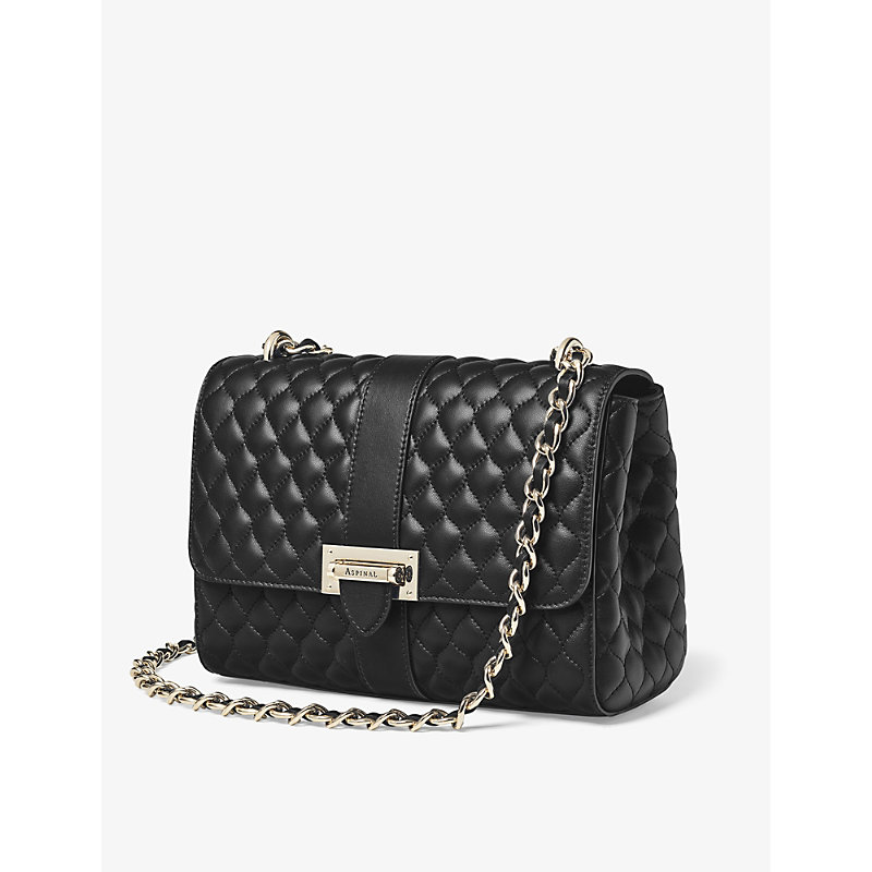 Shop Aspinal Of London Women's Black Lottie Branded-hardware Quilted Leather Shoulder Bag