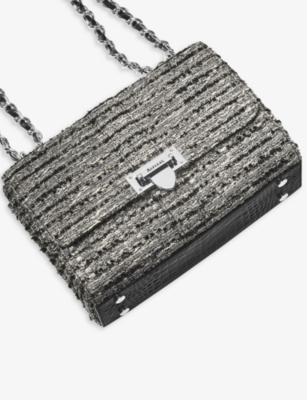 Shop Aspinal Of London Black Lottie Metallic-tweed Leather Shoulder Bag