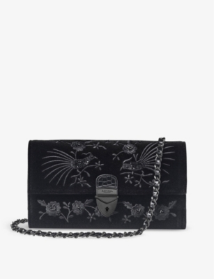 Aspinal Of London Womens Black Mayfair Flower-embroidered Leather Clutch Bag